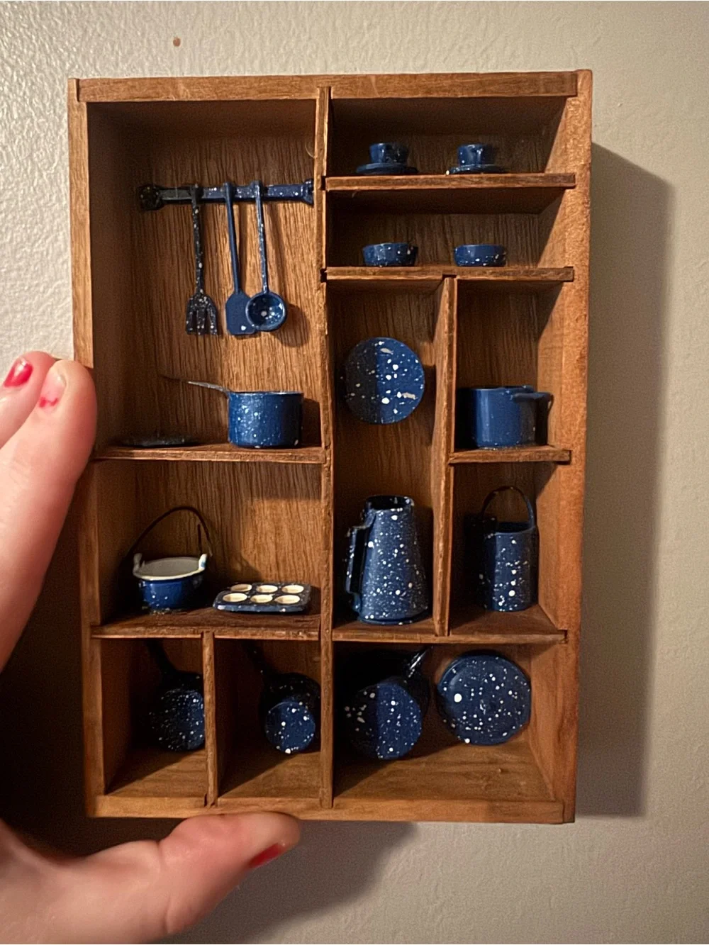 VTG Blue Speckled Miniature Kitchenware Display Shelf - Home Wall Decor